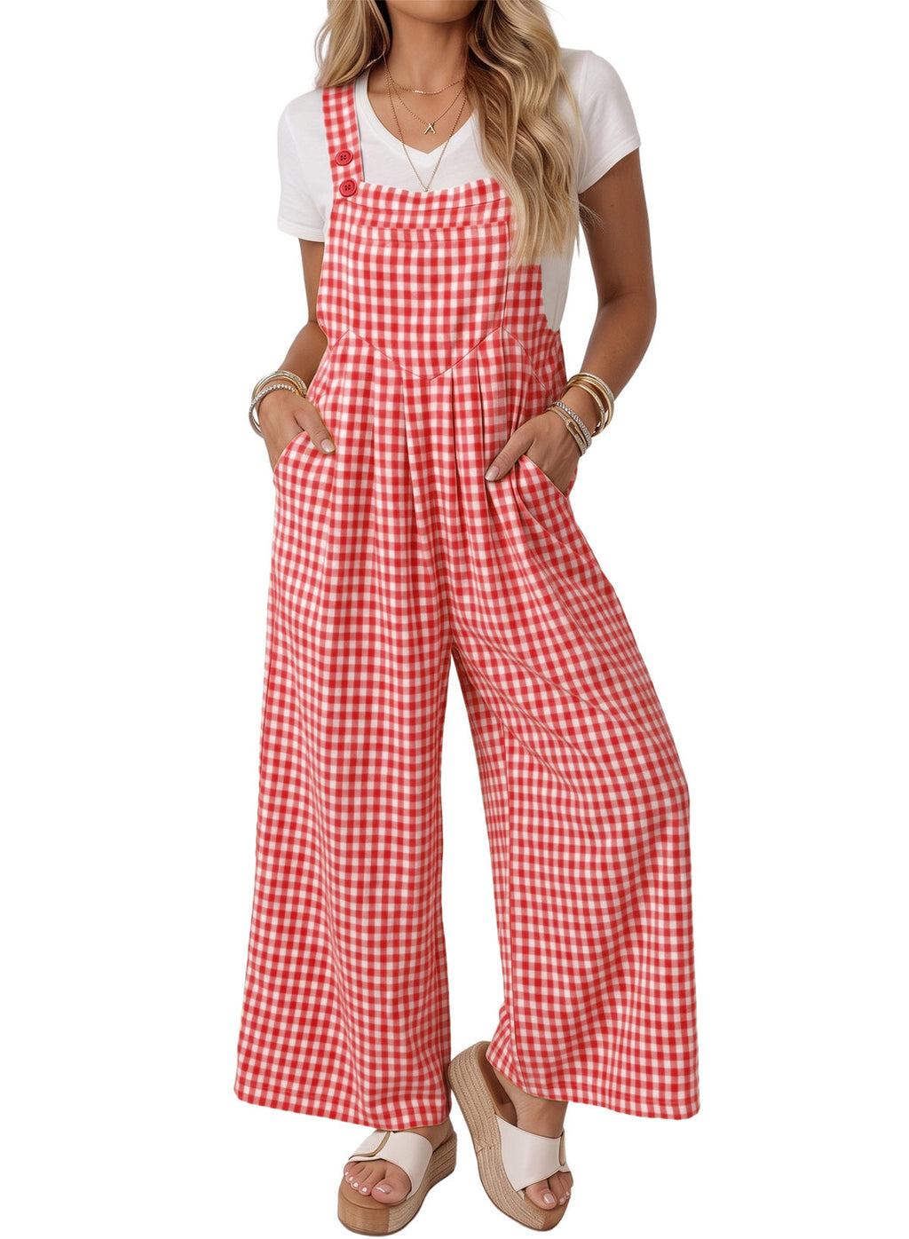 Dokotoo Women's Sleeveless Bib Overall Casual Gingham Jumpsuits