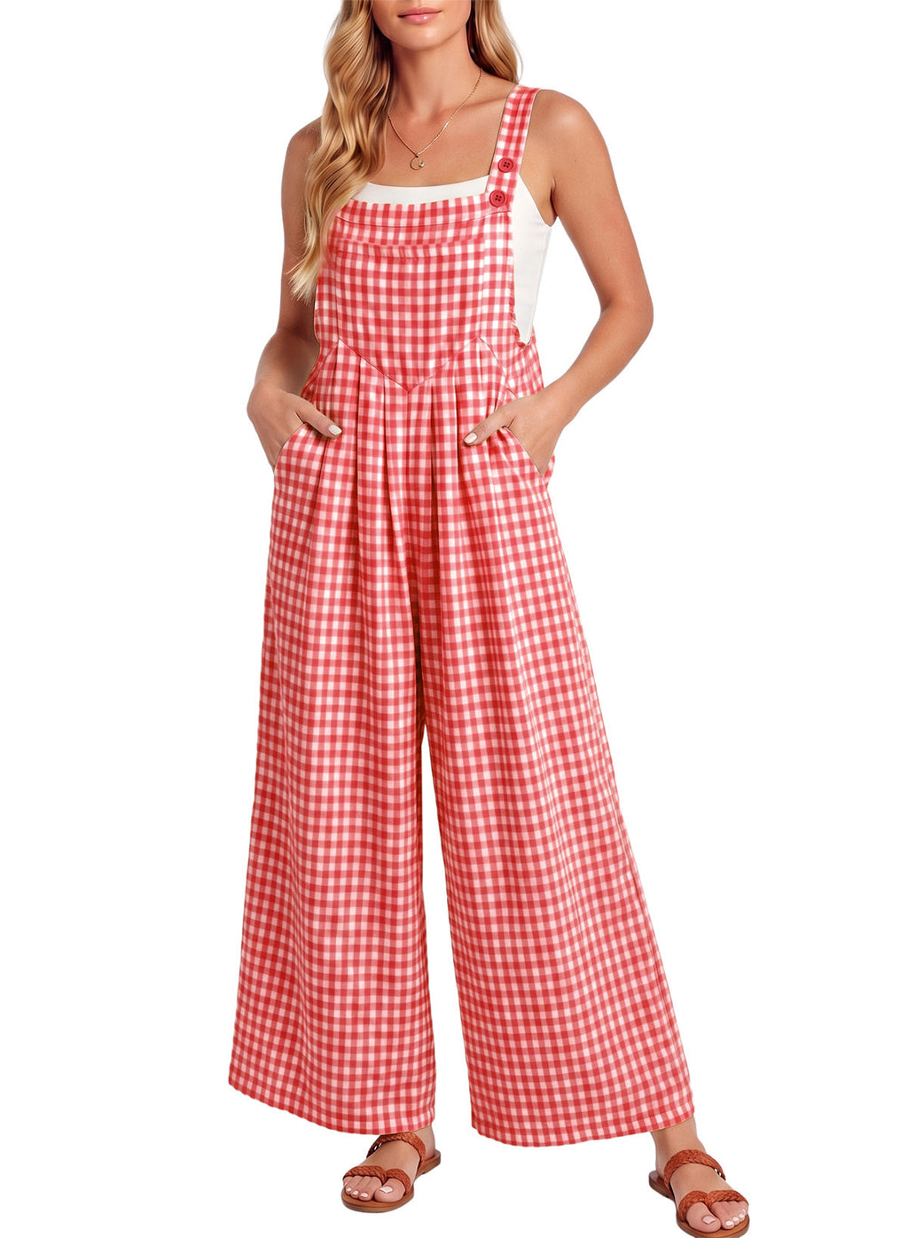 Dokotoo Women's Sleeveless Bib Overall Casual Gingham Jumpsuits