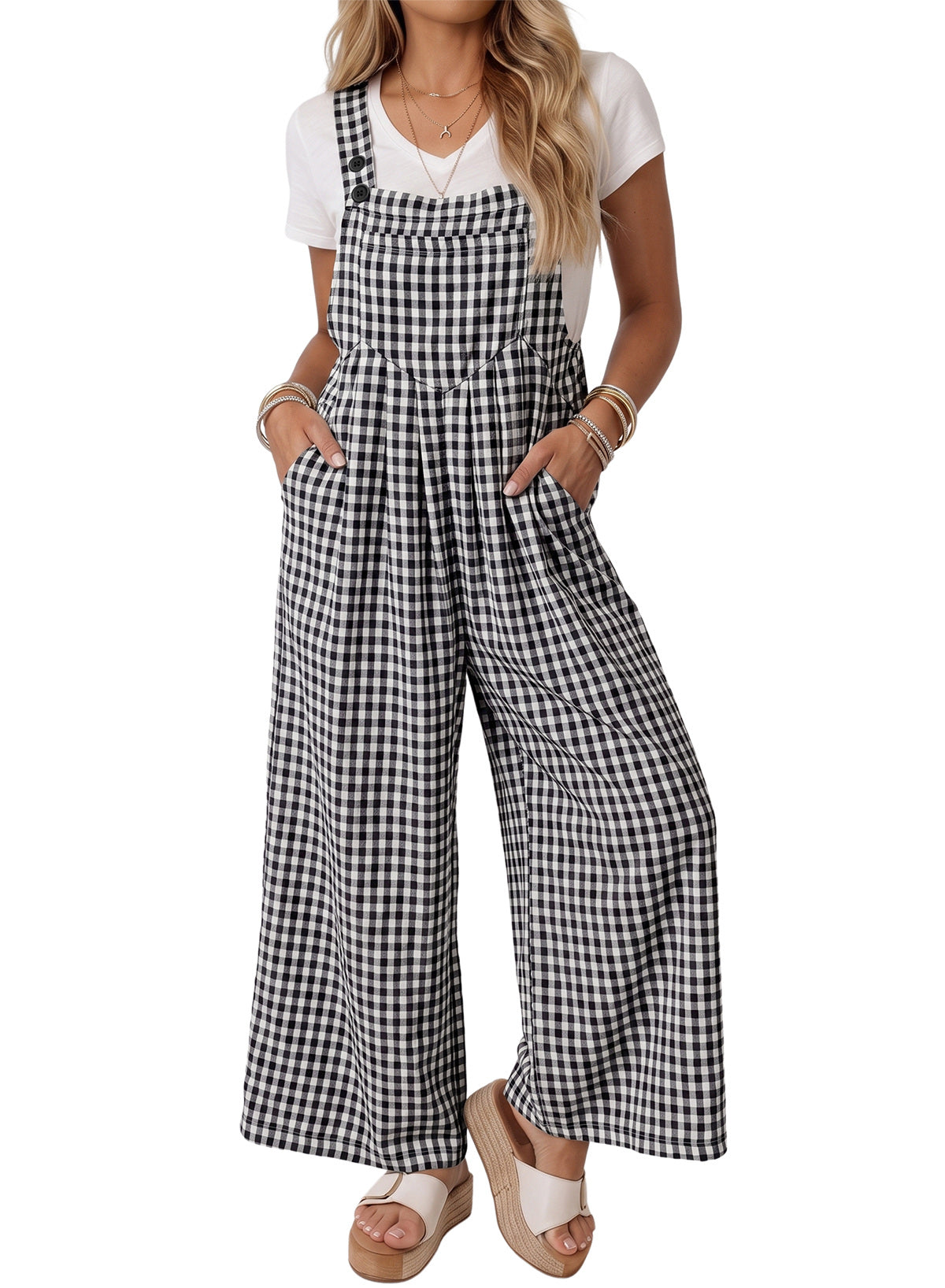 Dokotoo Women's Sleeveless Bib Overall Casual Gingham Jumpsuits