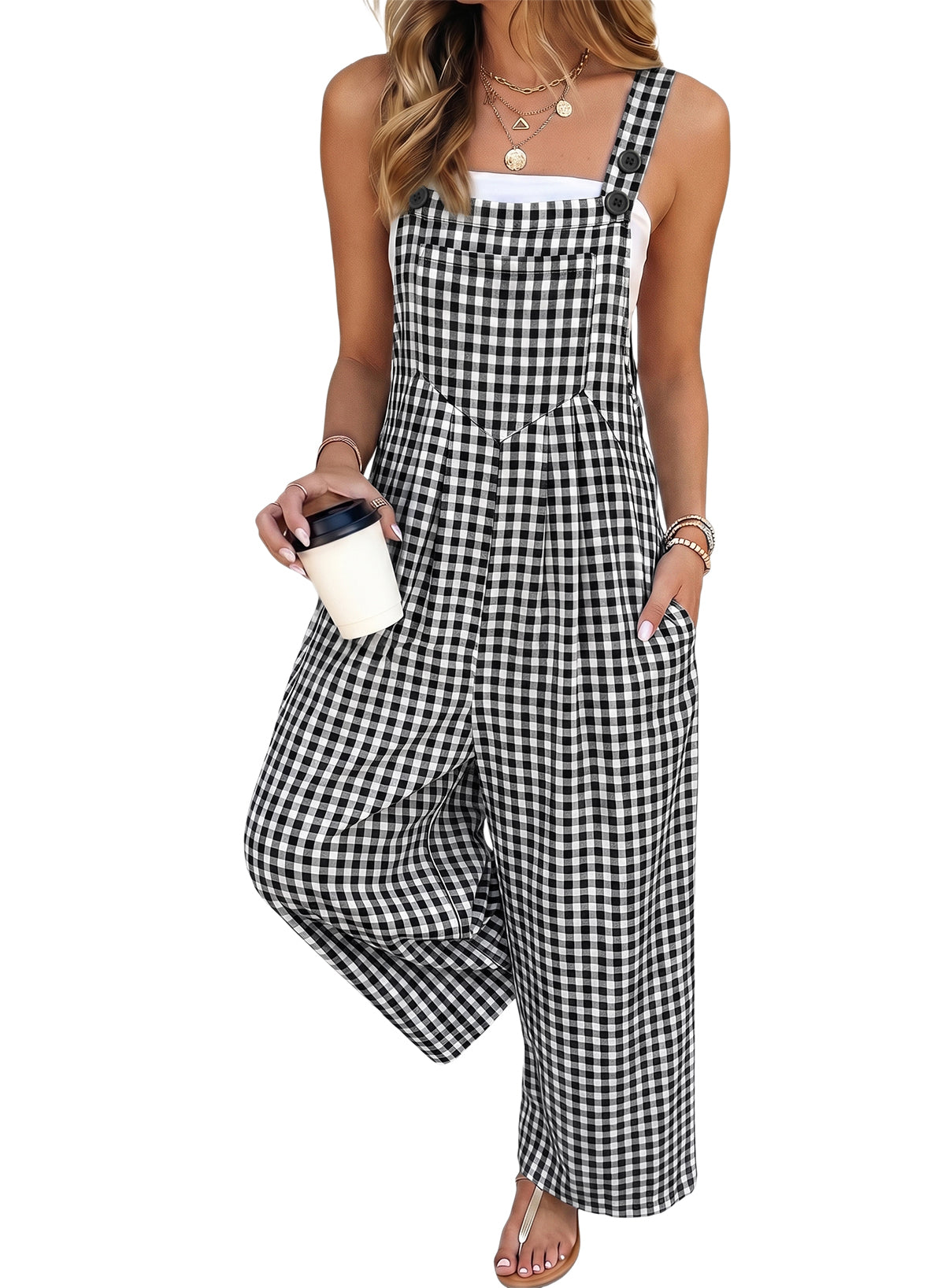 Dokotoo Women's Sleeveless Bib Overall Casual Gingham Jumpsuits