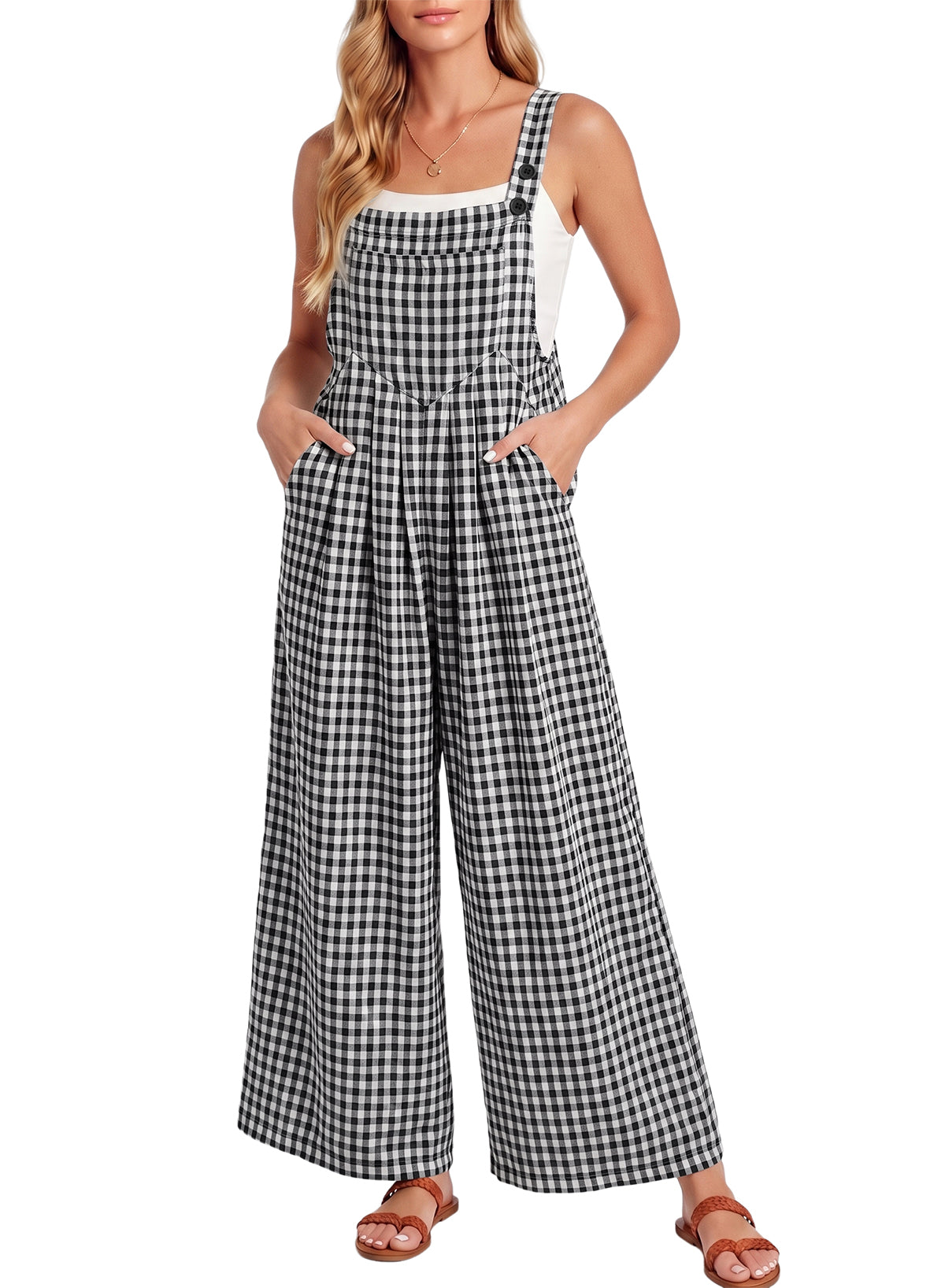 Dokotoo Women's Sleeveless Bib Overall Casual Gingham Jumpsuits