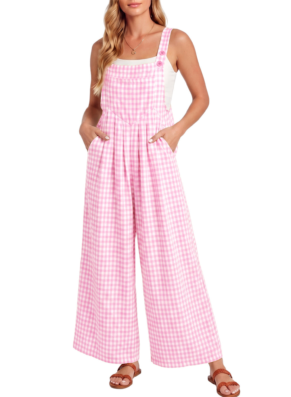 Dokotoo Women's Sleeveless Bib Overall Casual Gingham Jumpsuits
