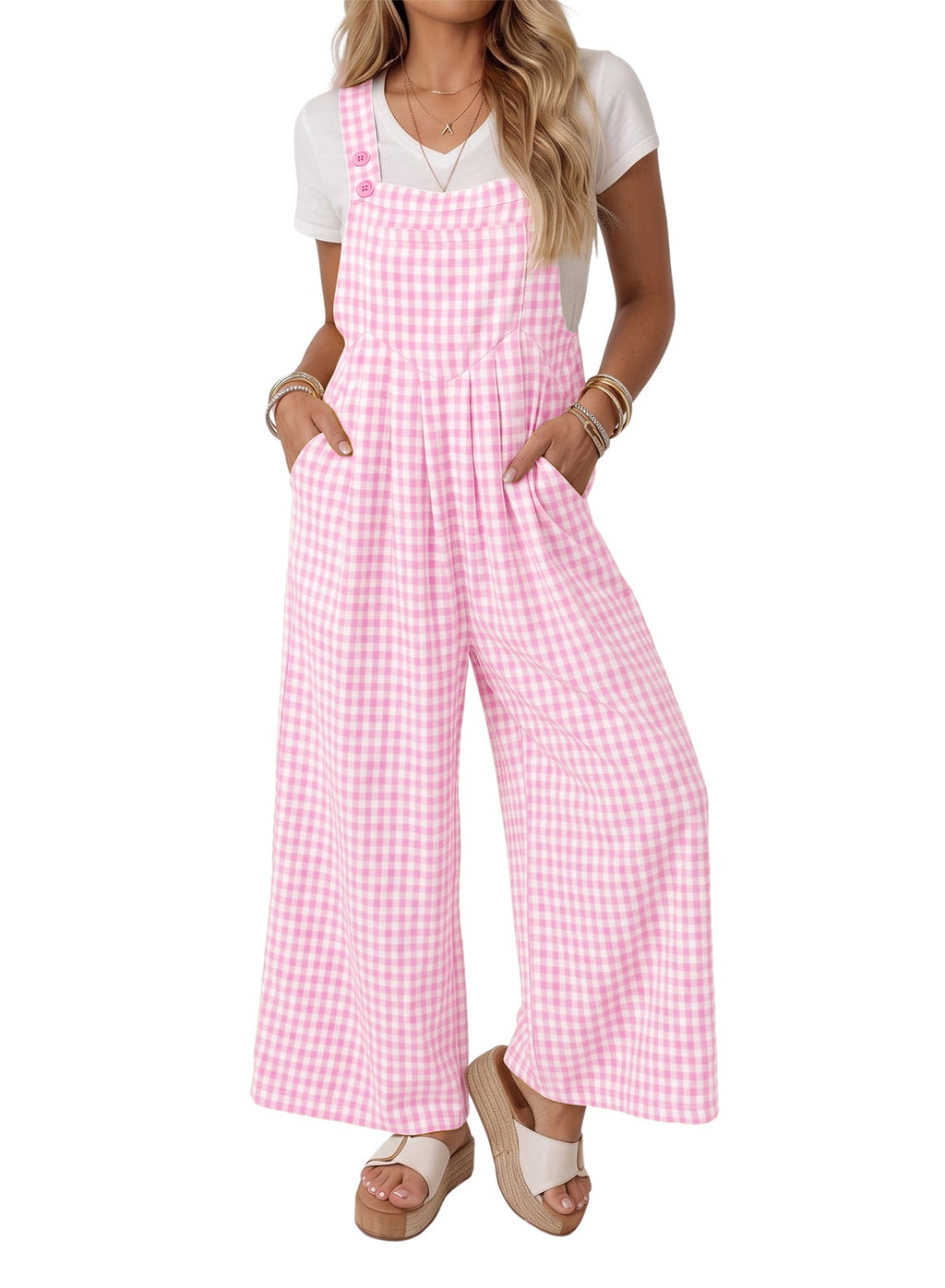 Dokotoo Women's Sleeveless Bib Overall Casual Gingham Jumpsuits