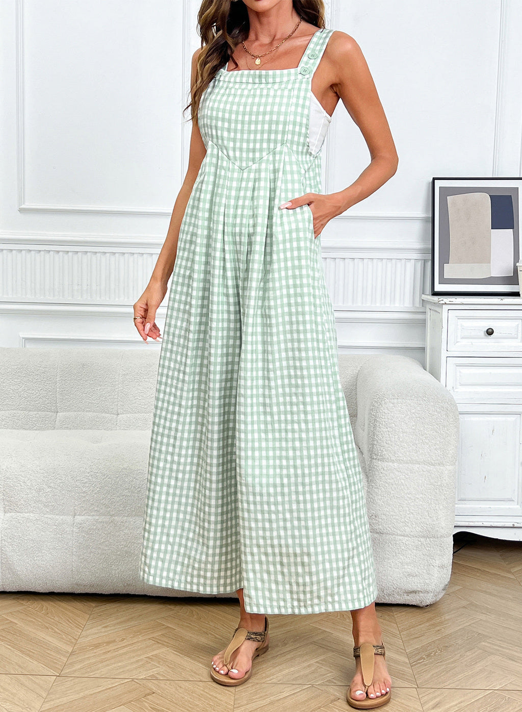 Dokotoo Women's Sleeveless Bib Overall Casual Gingham Jumpsuits