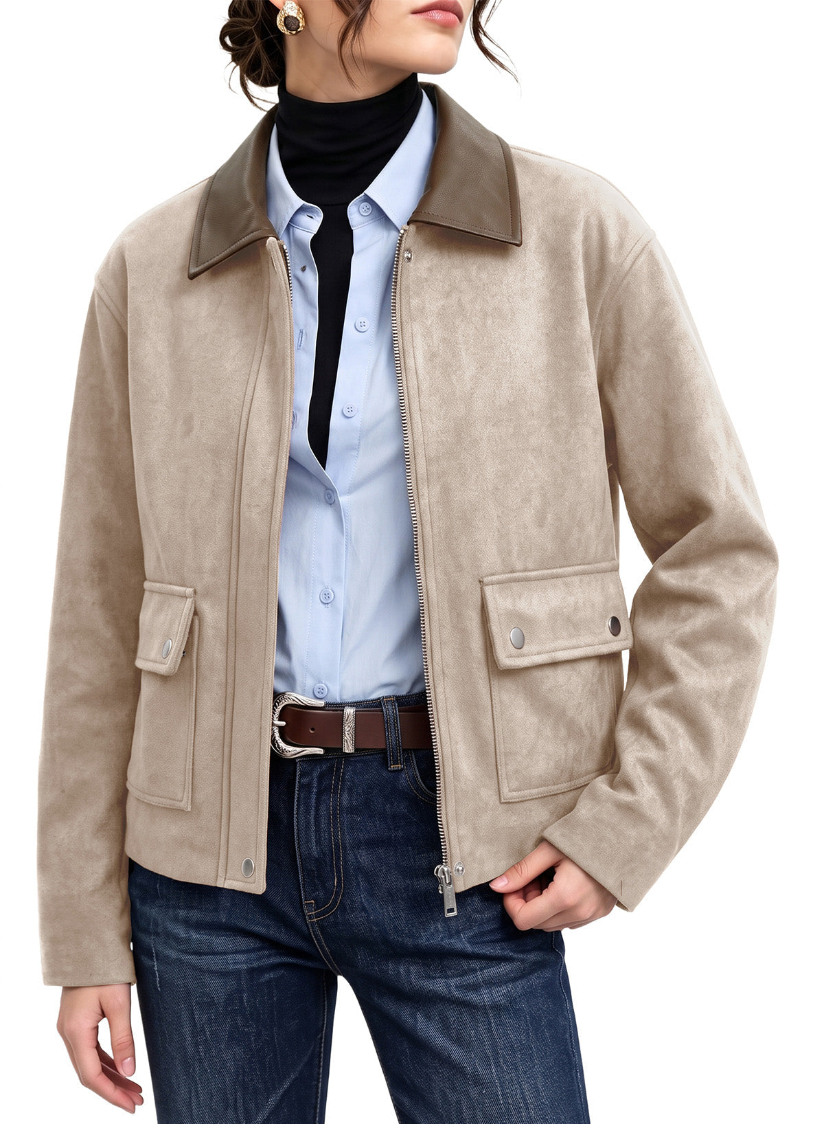 Dokotoo Womens Cropped Jacket 2026 Fall Collar Zip Button Coat with Pockets