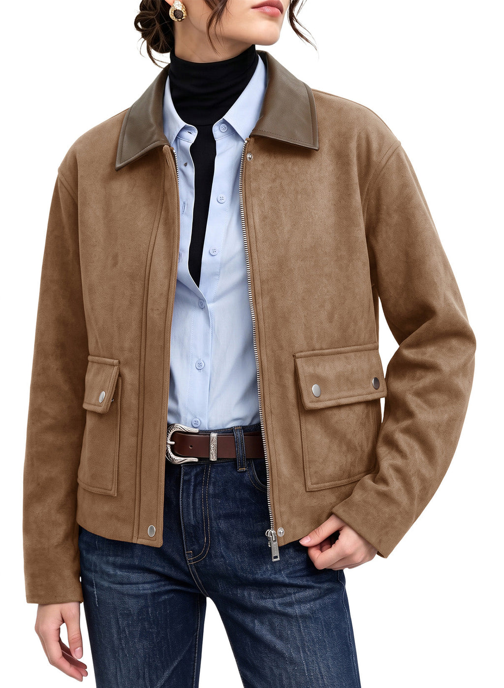 Dokotoo Womens Cropped Jacket 2026 Fall Collar Zip Button Coat with Pockets