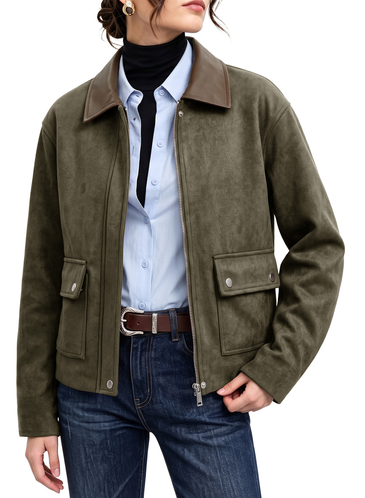 Dokotoo Womens Cropped Jacket 2026 Fall Collar Zip Button Coat with Pockets