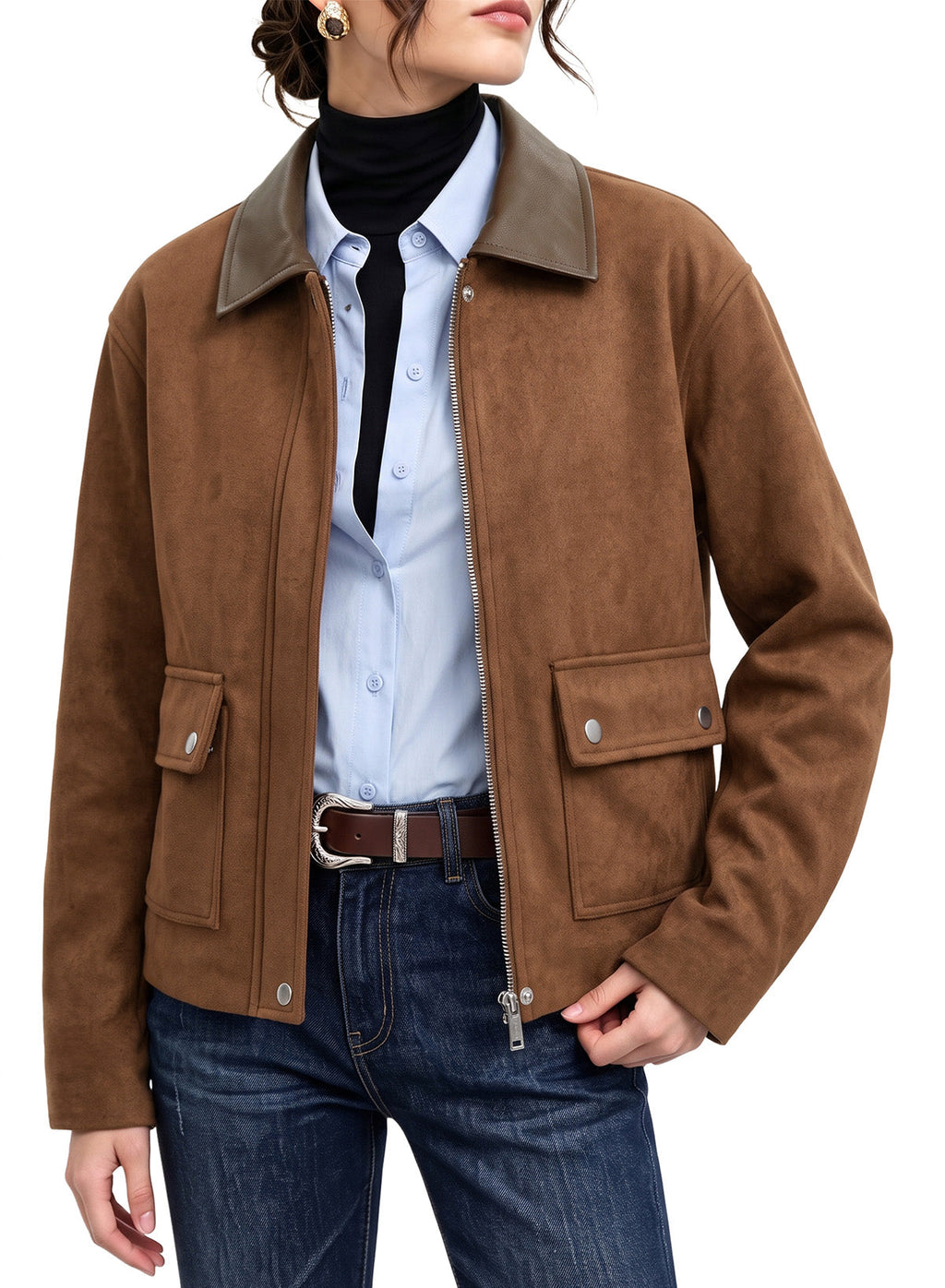 Dokotoo Womens Cropped Jacket 2026 Fall Collar Zip Button Coat with Pockets