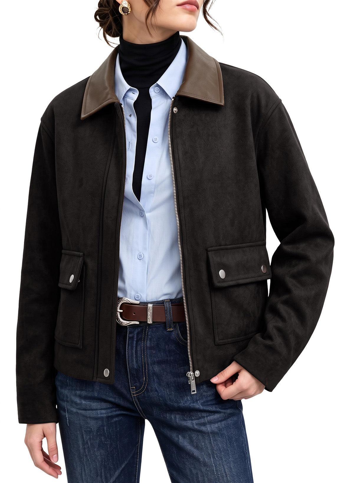 Dokotoo Womens Cropped Jacket 2026 Fall Collar Zip Button Coat with Pockets