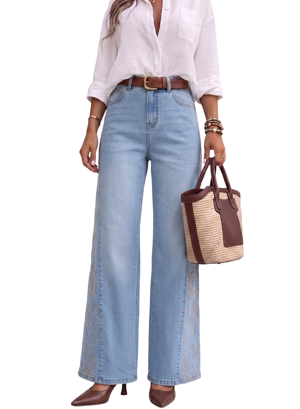 Dokotoo Women's Casual High Waist Embroidery Flare Leg Stretch Denim Pants