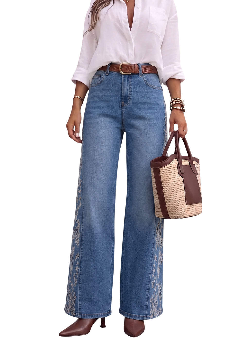 Dokotoo Women's Casual High Waist Embroidery Flare Leg Stretch Denim Pants