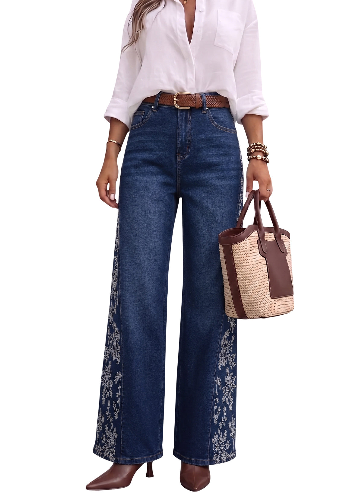 Dokotoo Women's Casual High Waist Embroidery Flare Leg Stretch Denim Pants