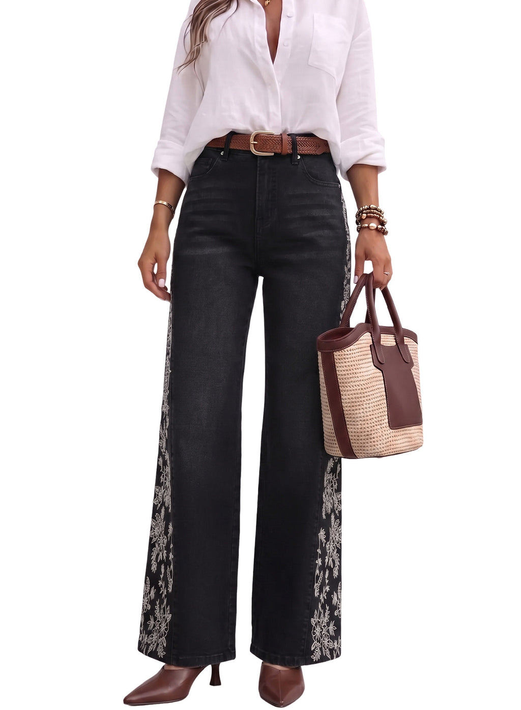 Dokotoo Women's Casual High Waist Embroidery Flare Leg Stretch Denim Pants