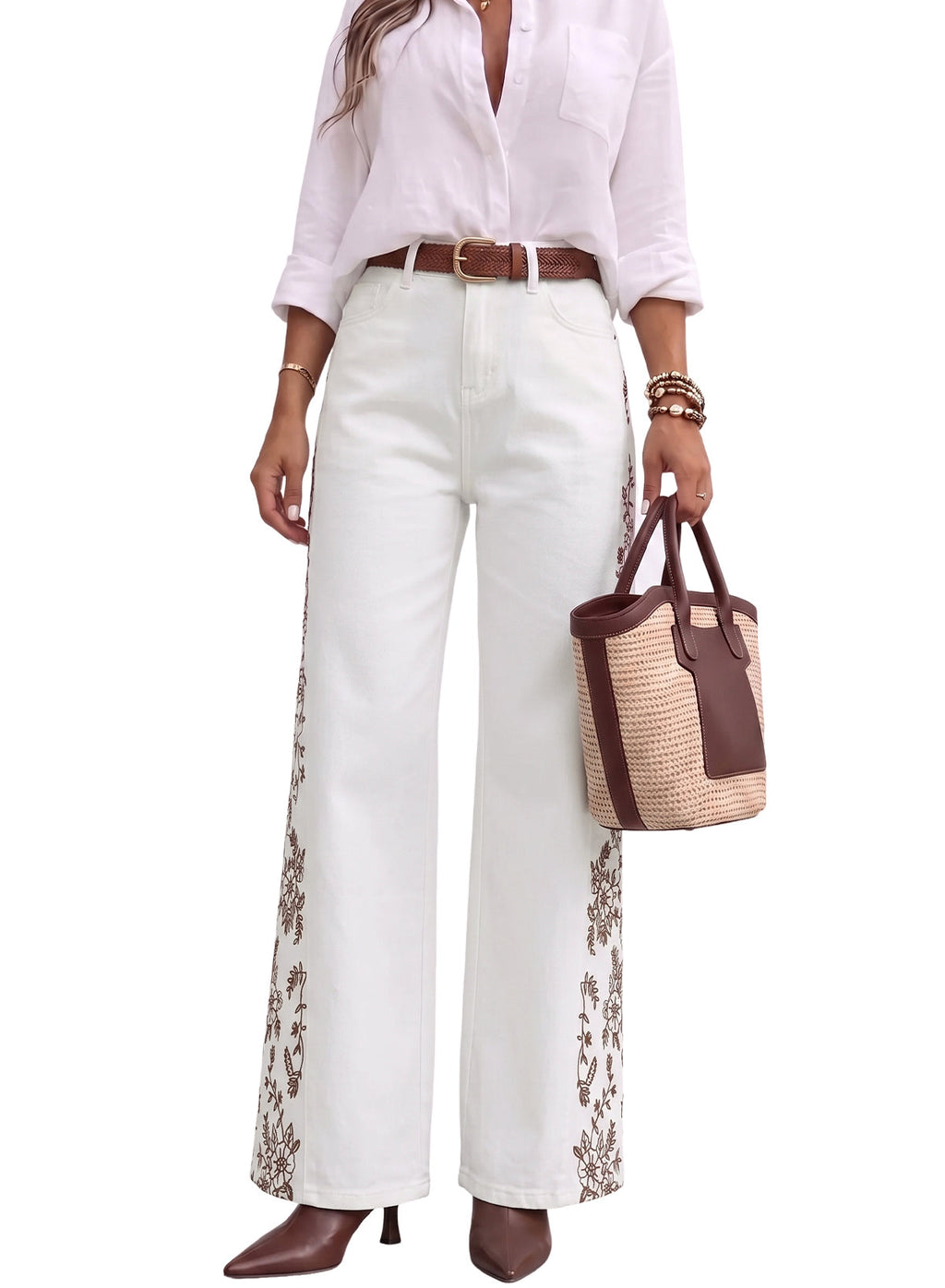 Dokotoo Women's Casual High Waist Embroidery Flare Leg Stretch Denim Pants