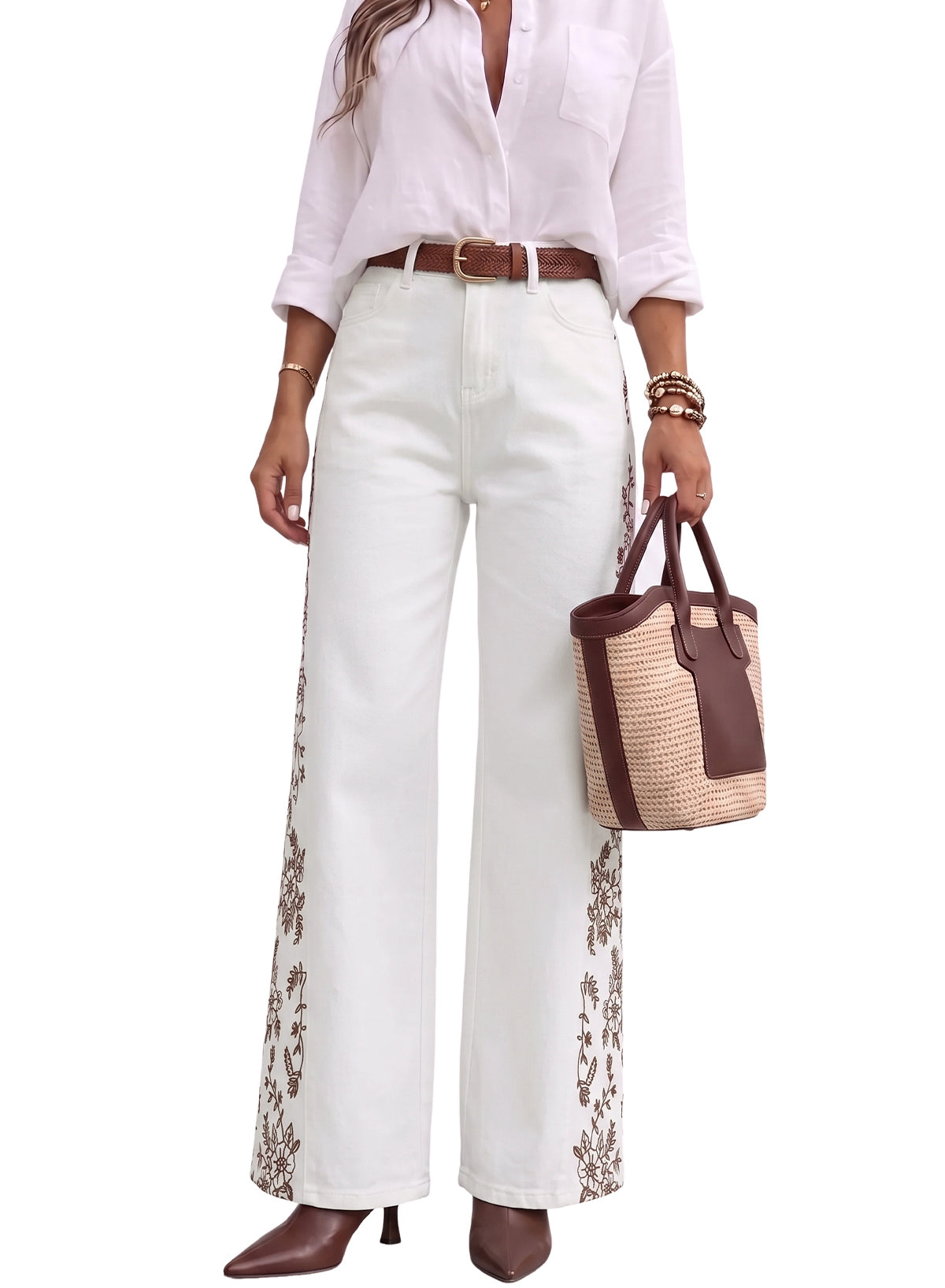 Dokotoo Women's Casual High Waist Embroidery Flare Leg Stretch Denim Pants