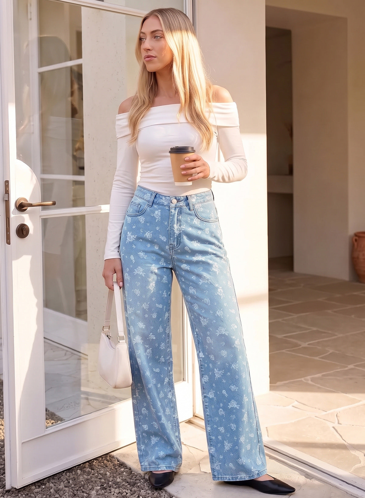 Dokotoo Women's Wide Leg Jeans Floral Print Baggy Denim Pants with Pockets
