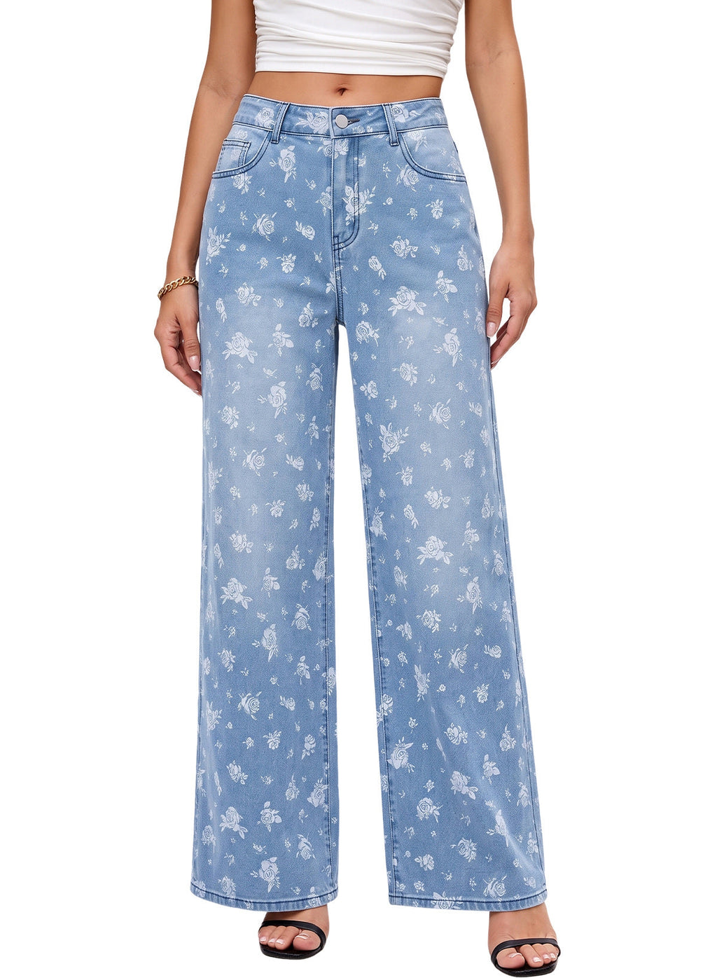 Dokotoo Women's Wide Leg Jeans Floral Print Baggy Denim Pants with Pockets