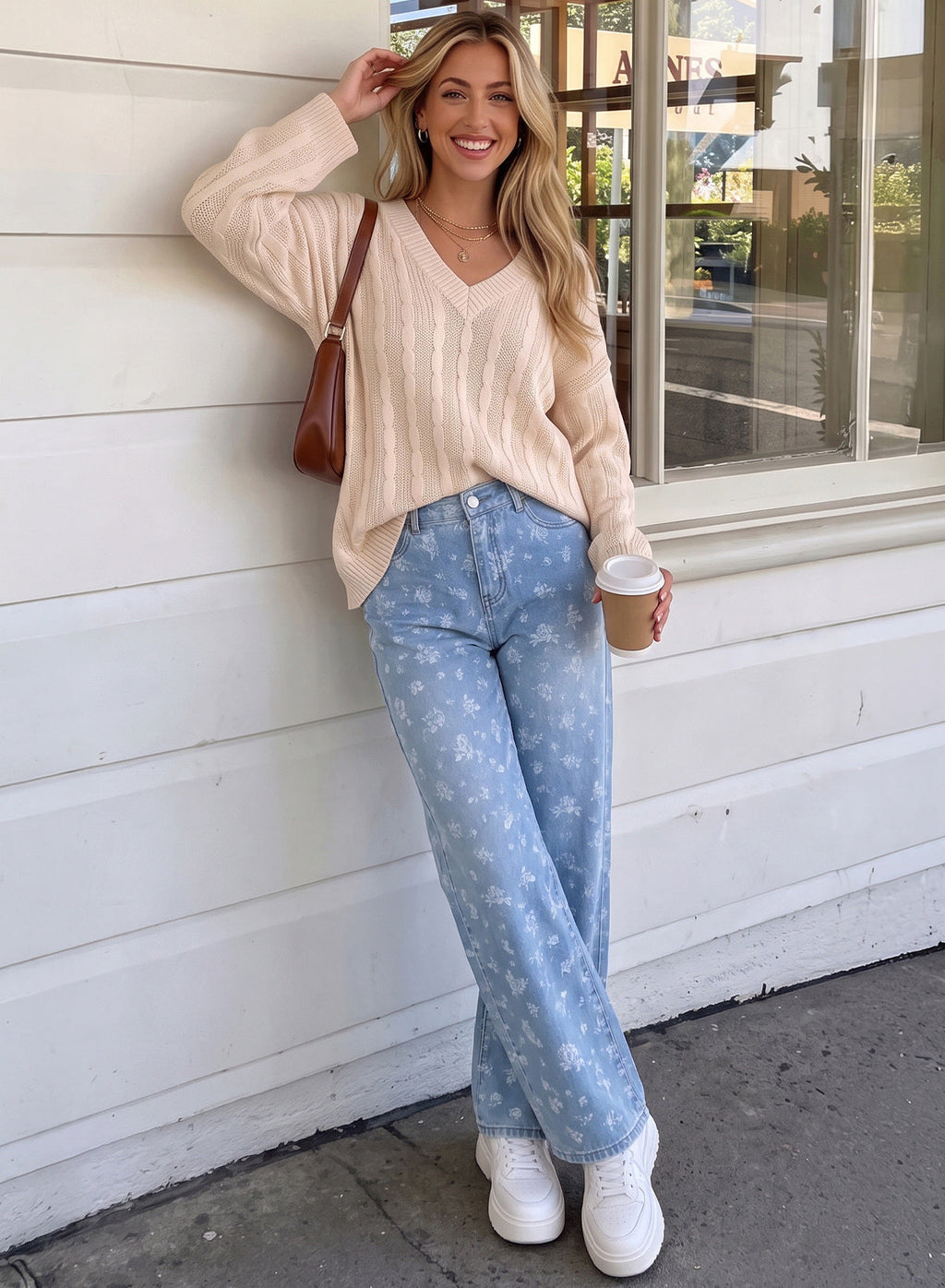 Dokotoo Women's Wide Leg Jeans Floral Print Baggy Denim Pants with Pockets