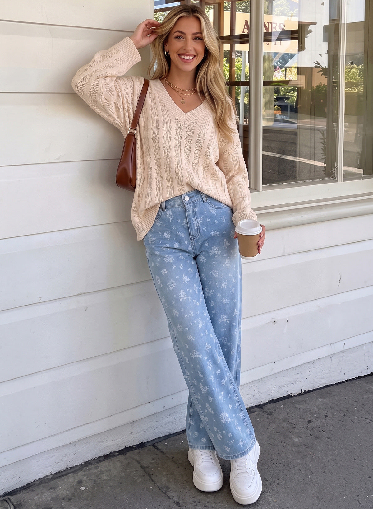 Dokotoo Women's Wide Leg Jeans Floral Print Baggy Denim Pants with Pockets
