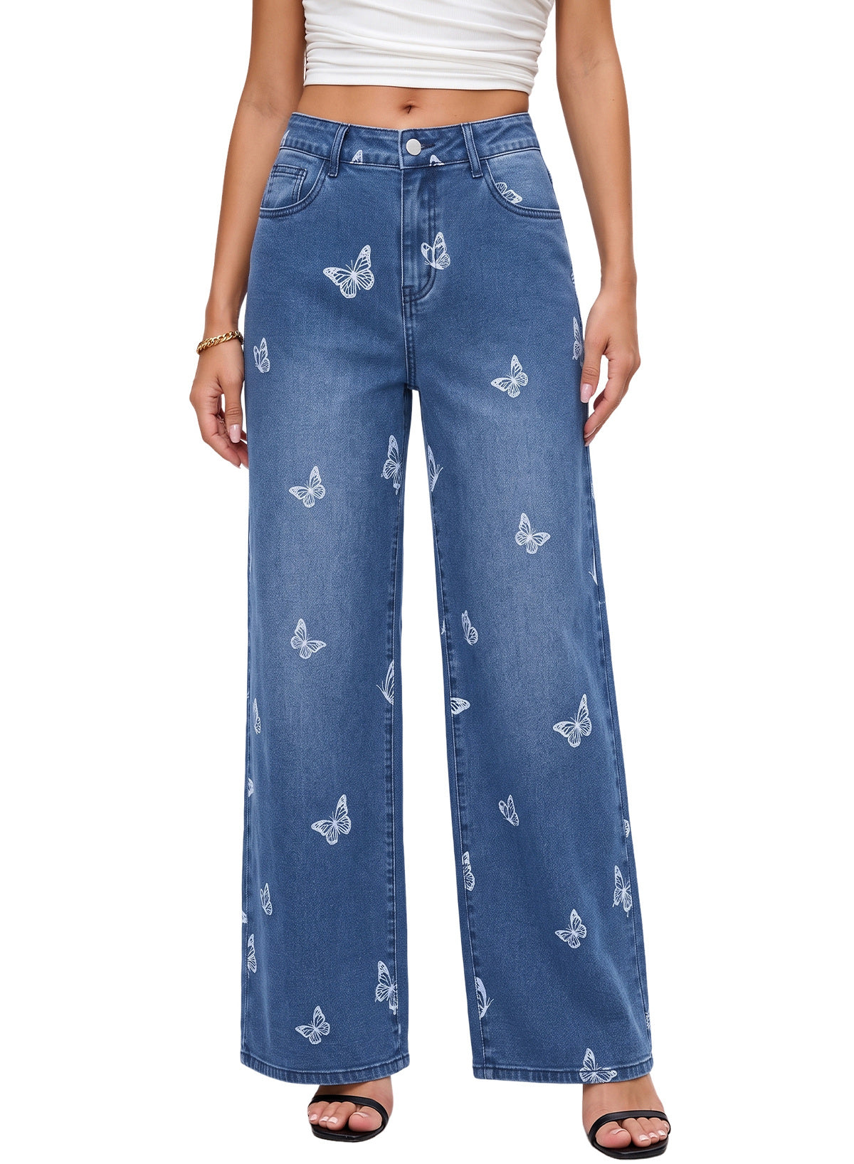 Dokotoo Women's Wide Leg Jeans Floral Print Baggy Denim Pants with Pockets