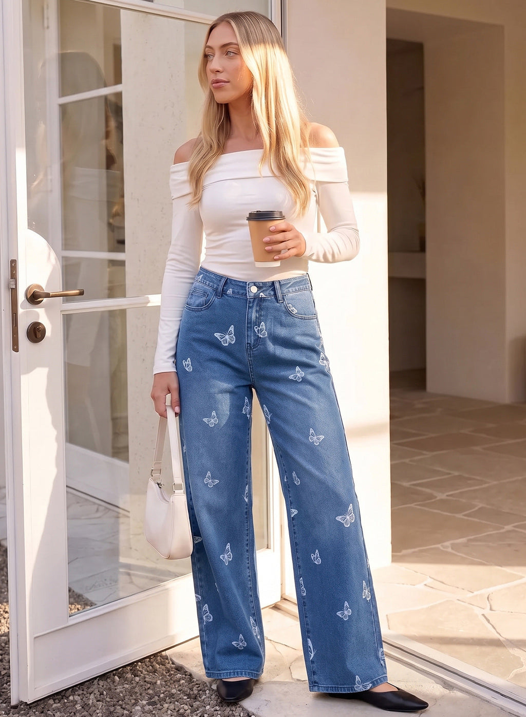 Dokotoo Women's Wide Leg Jeans Floral Print Baggy Denim Pants with Pockets