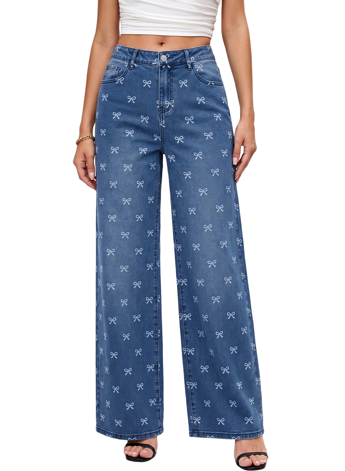 Dokotoo Women's Wide Leg Jeans Floral Print Baggy Denim Pants with Pockets