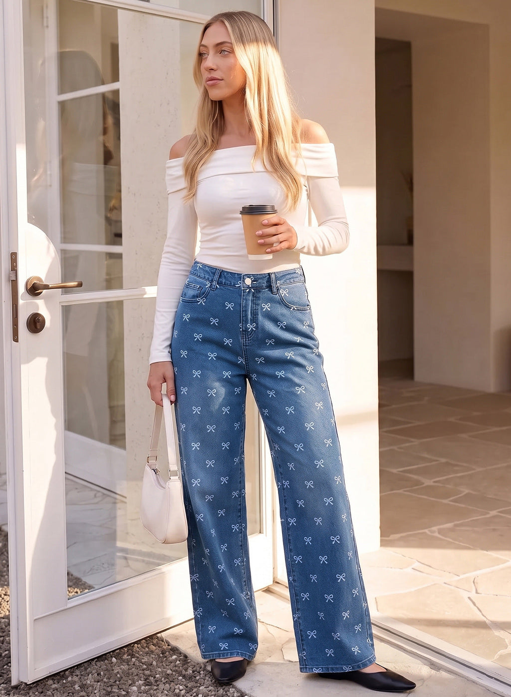 Dokotoo Women's Wide Leg Jeans Floral Print Baggy Denim Pants with Pockets