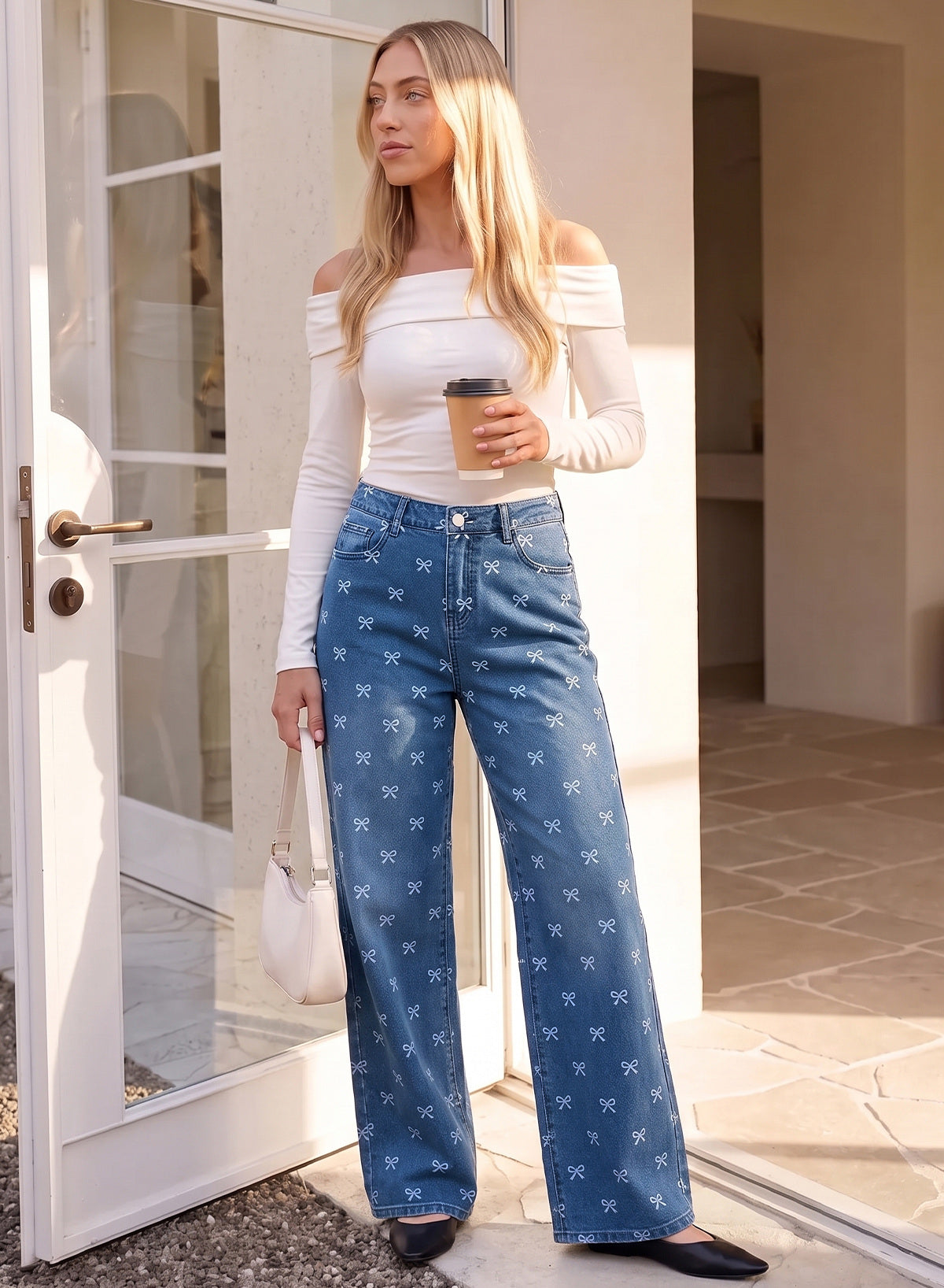 Dokotoo Women's Wide Leg Jeans Floral Print Baggy Denim Pants with Pockets