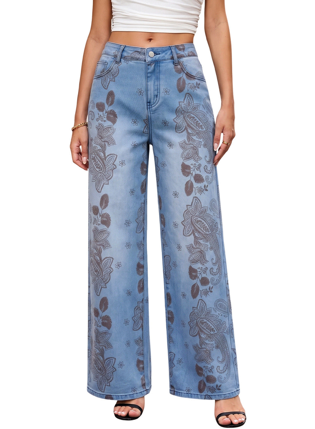 Dokotoo Women's Wide Leg Jeans Floral Print Baggy Denim Pants with Pockets