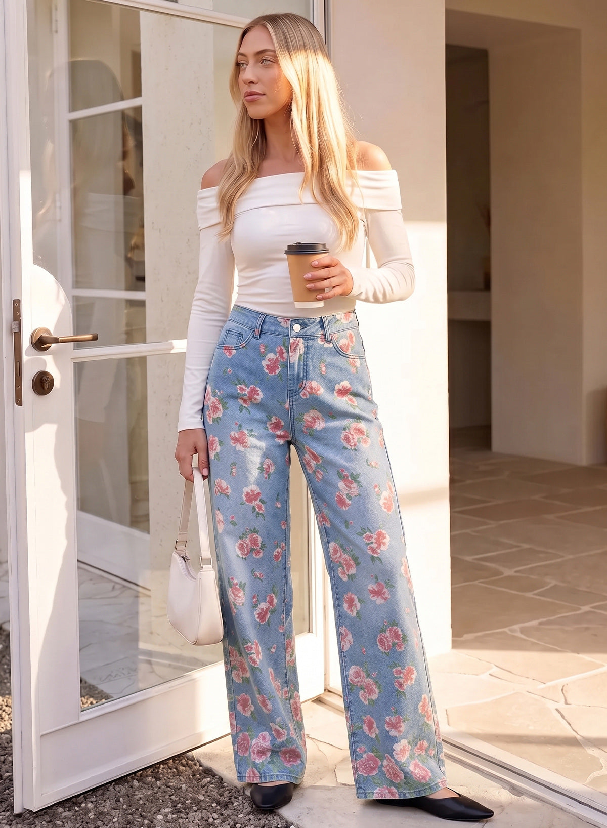 Dokotoo Women's Wide Leg Jeans Floral Print Baggy Denim Pants with Pockets