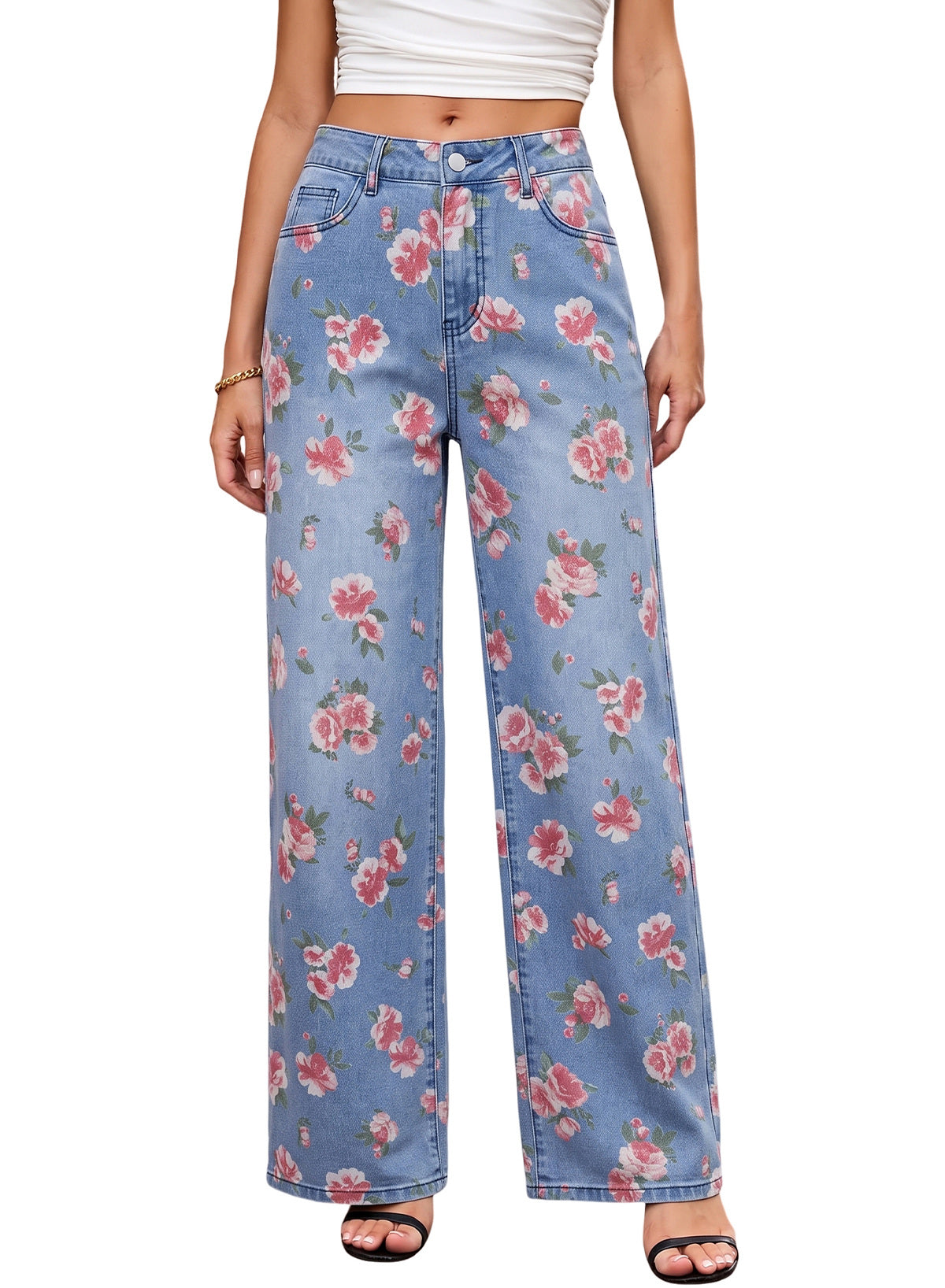 Dokotoo Women's Wide Leg Jeans Floral Print Baggy Denim Pants with Pockets