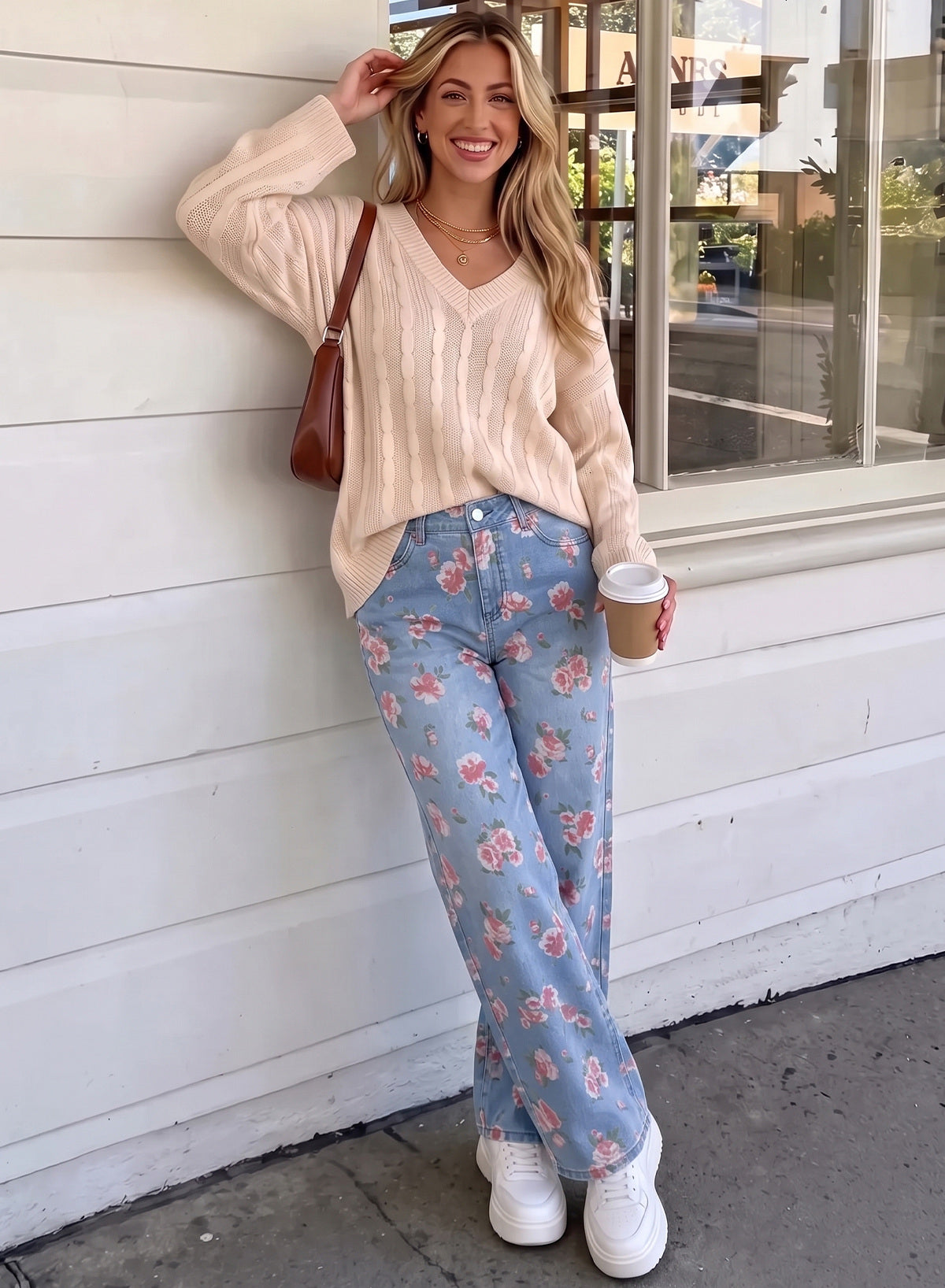 Dokotoo Women's Wide Leg Jeans Floral Print Baggy Denim Pants with Pockets