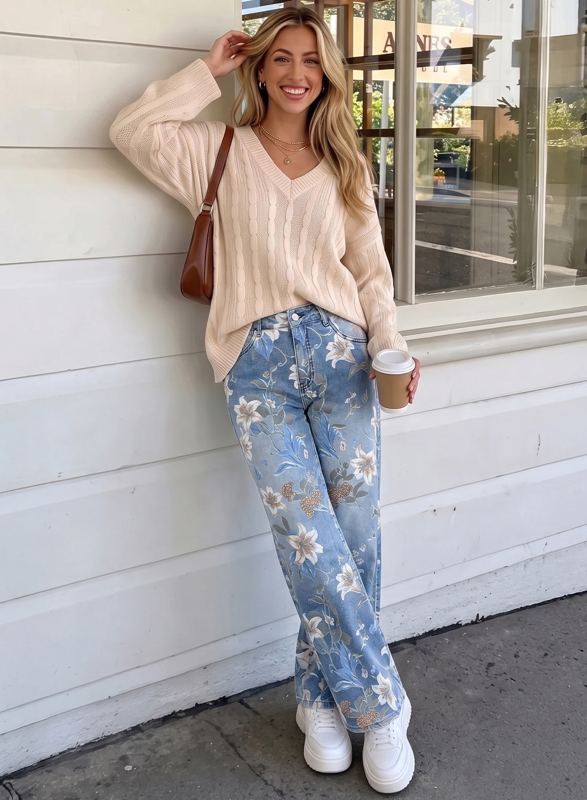 Dokotoo Women's Wide Leg Jeans Floral Print Baggy Denim Pants with Pockets