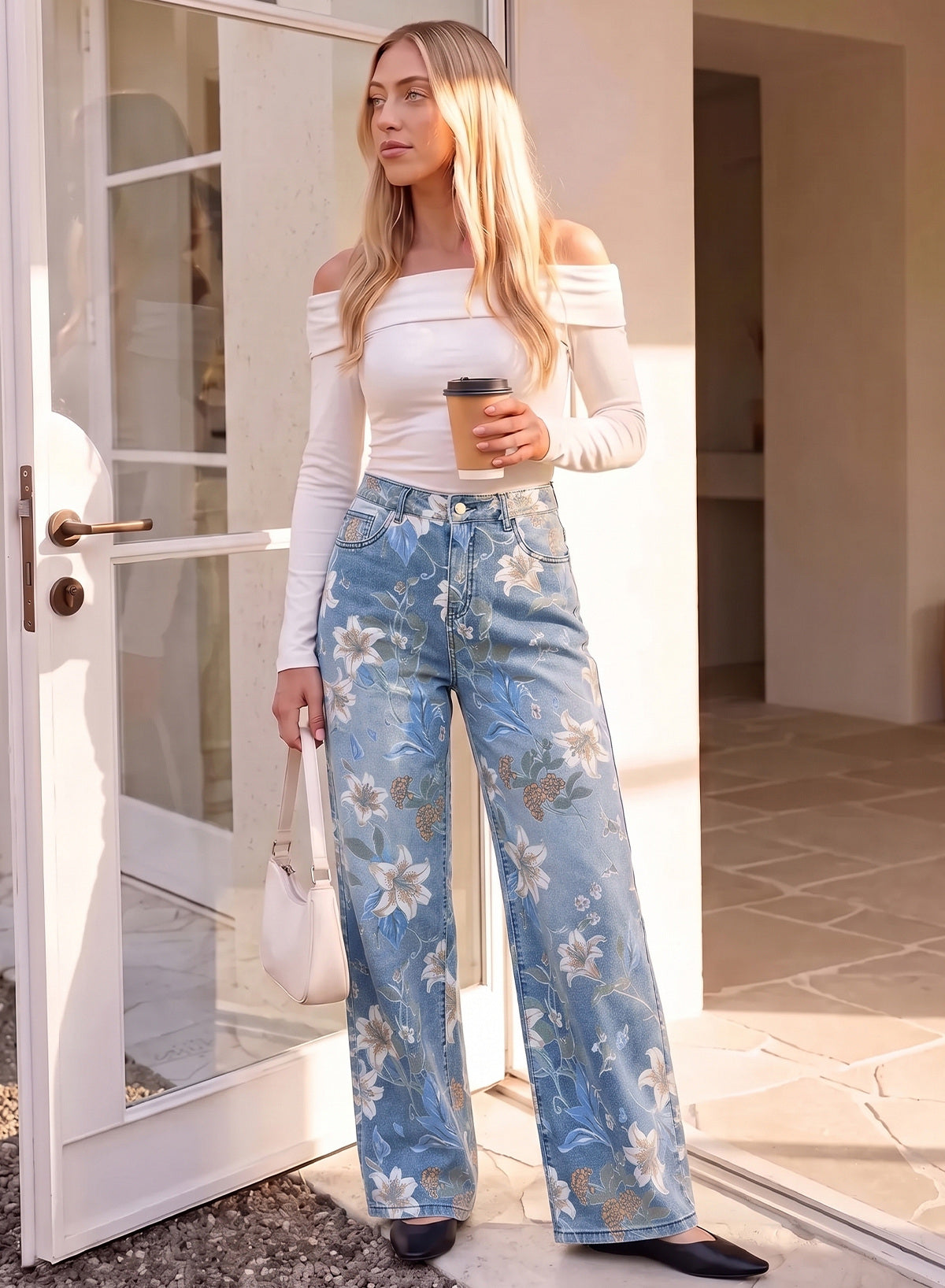 Dokotoo Women's Wide Leg Jeans Floral Print Baggy Denim Pants with Pockets