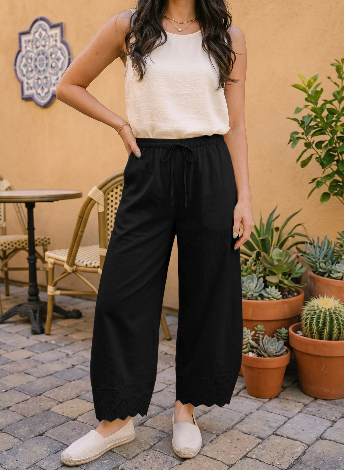 Dokotoo Cotton Harem Pants Women Wide Leg Flowy Casual Palazzo Trousers