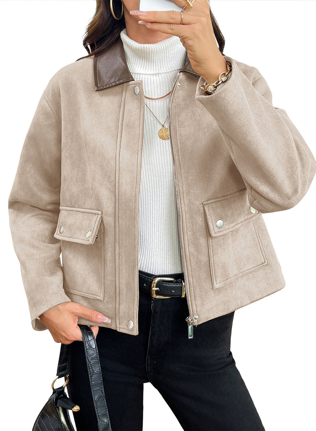 Dokotoo Womens Cropped Jacket 2026 Fall Collar Zip Button Coat with Pockets