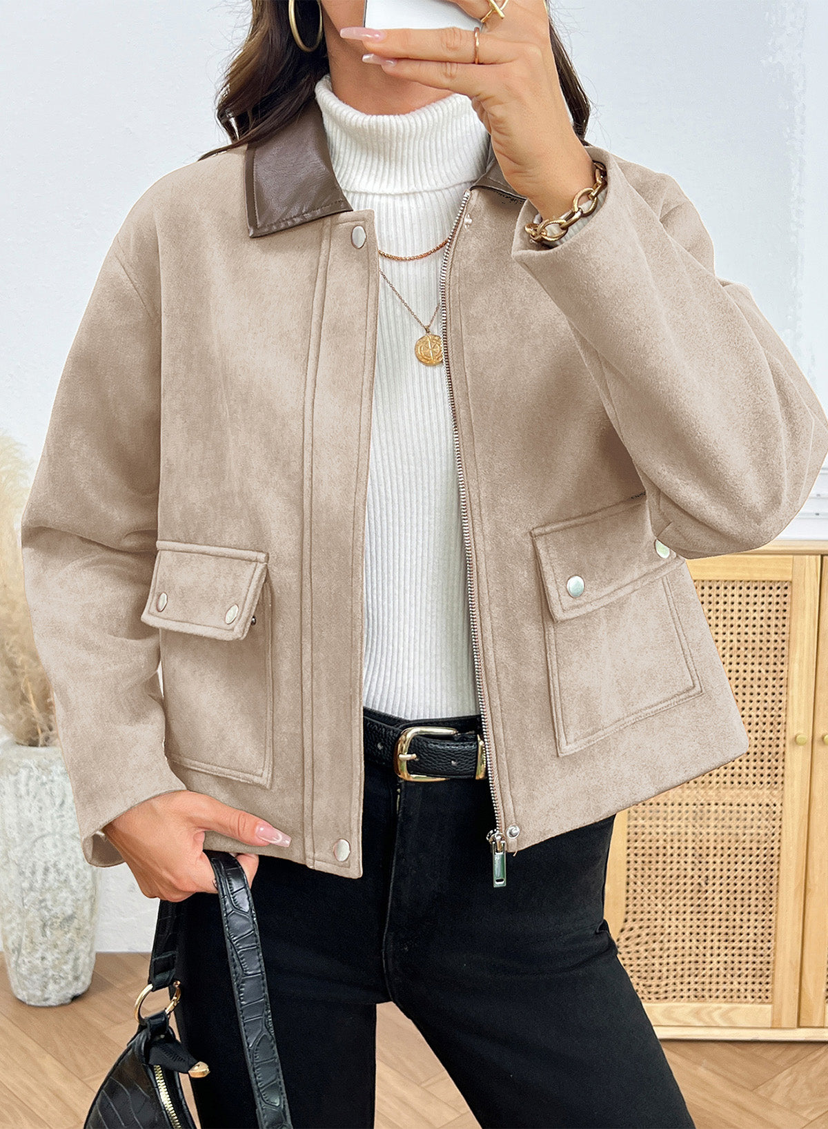 Dokotoo Womens Cropped Jacket 2026 Fall Collar Zip Button Coat with Pockets