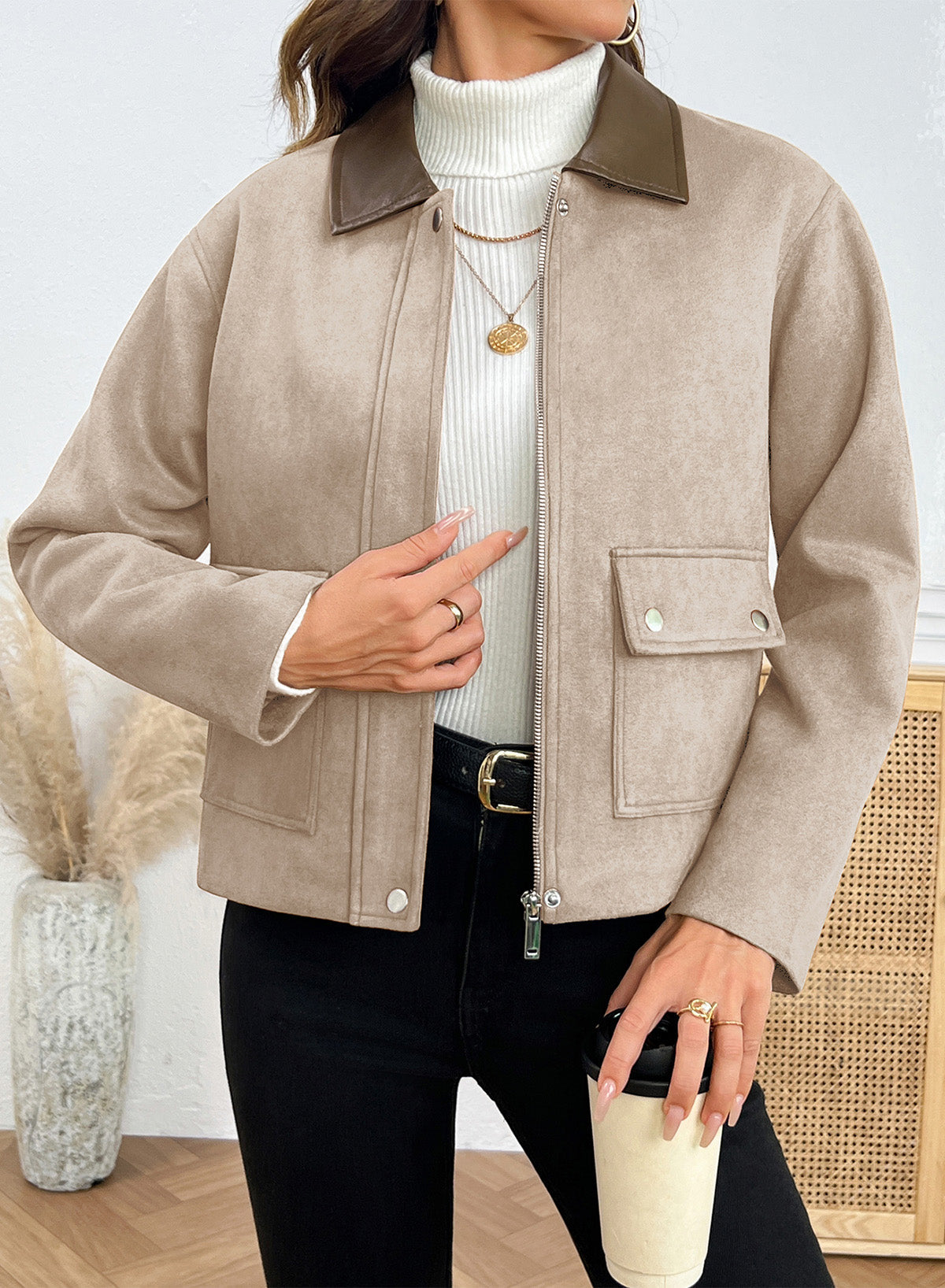 Dokotoo Womens Cropped Jacket 2026 Fall Collar Zip Button Coat with Pockets