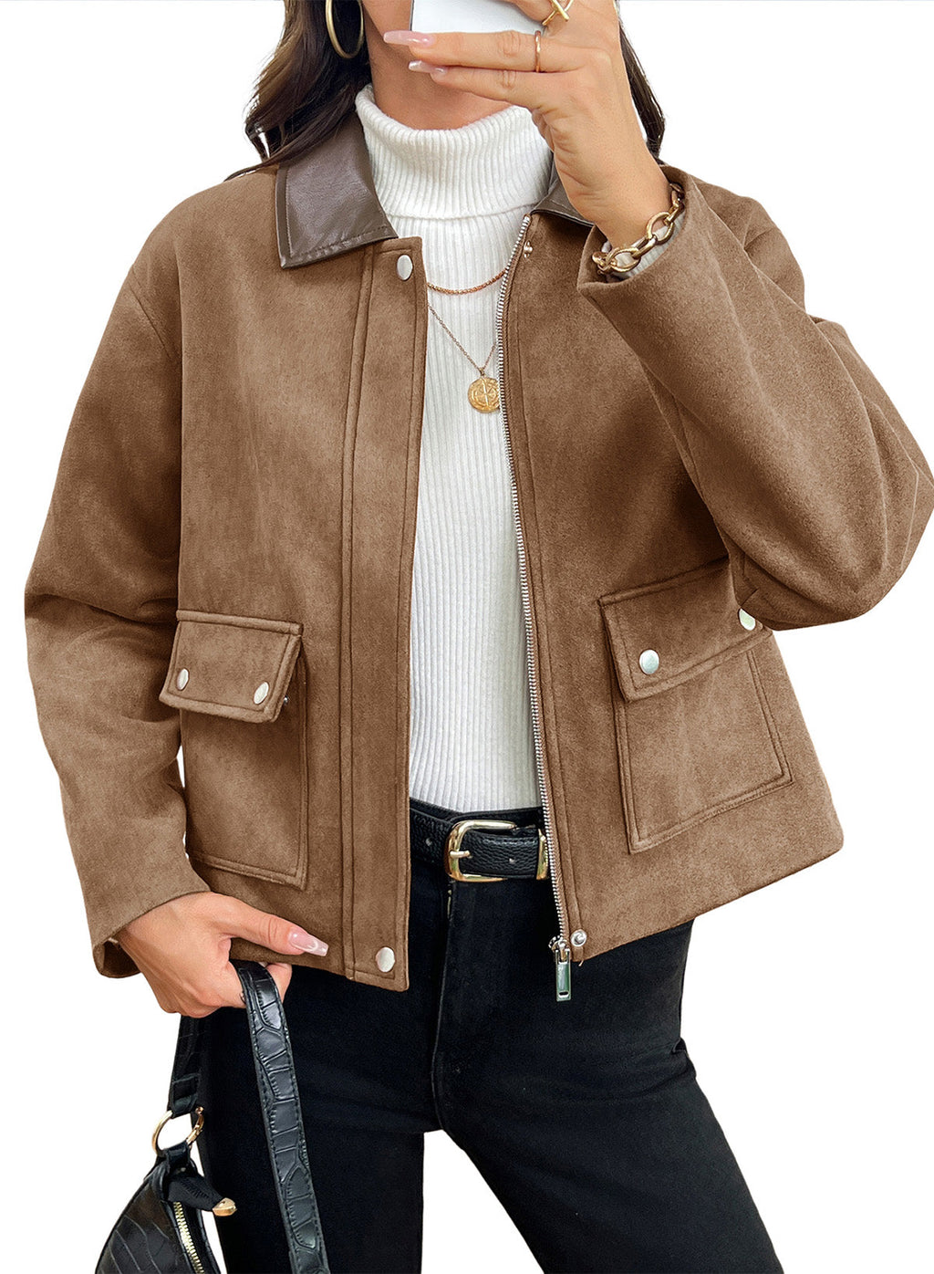 Dokotoo Womens Cropped Jacket 2026 Fall Collar Zip Button Coat with Pockets