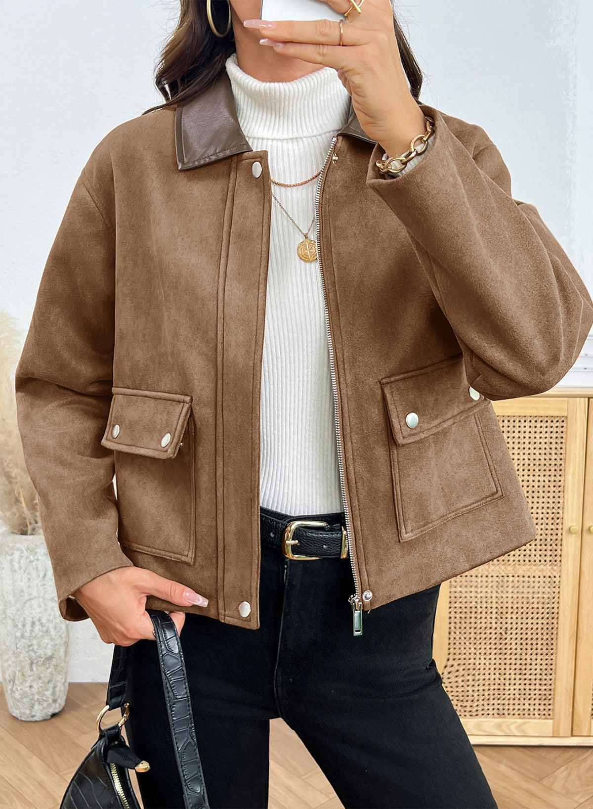 Dokotoo Womens Cropped Jacket 2026 Fall Collar Zip Button Coat with Pockets