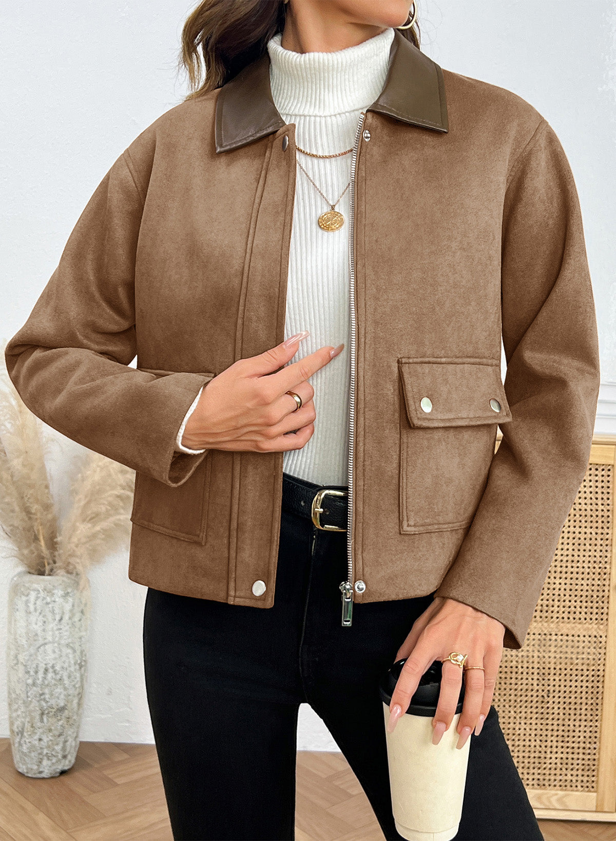 Dokotoo Womens Cropped Jacket 2026 Fall Collar Zip Button Coat with Pockets