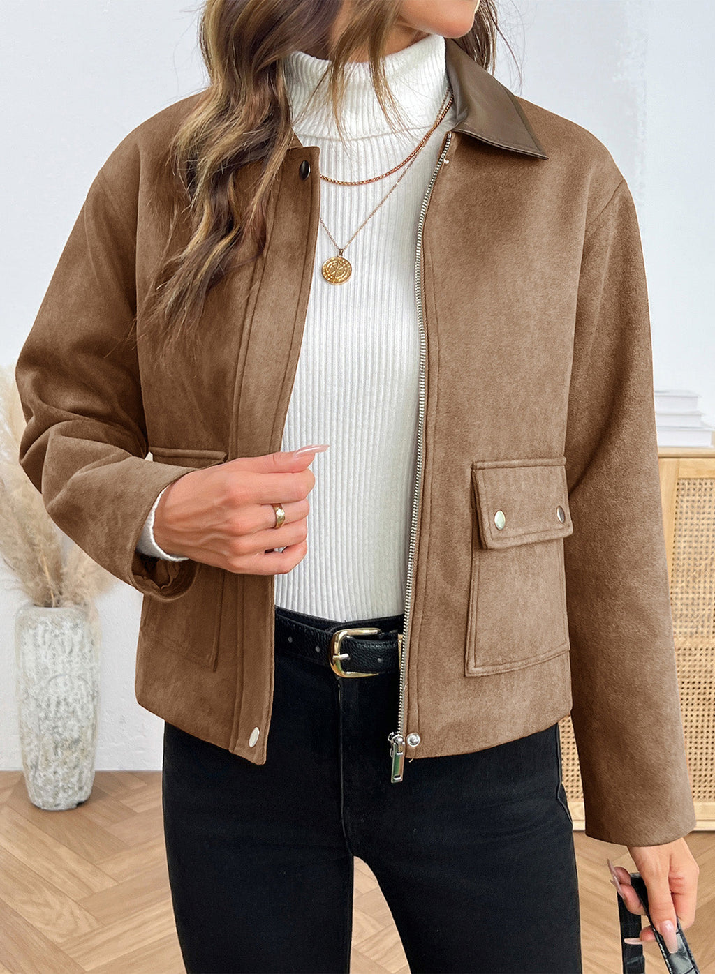 Dokotoo Womens Cropped Jacket 2026 Fall Collar Zip Button Coat with Pockets