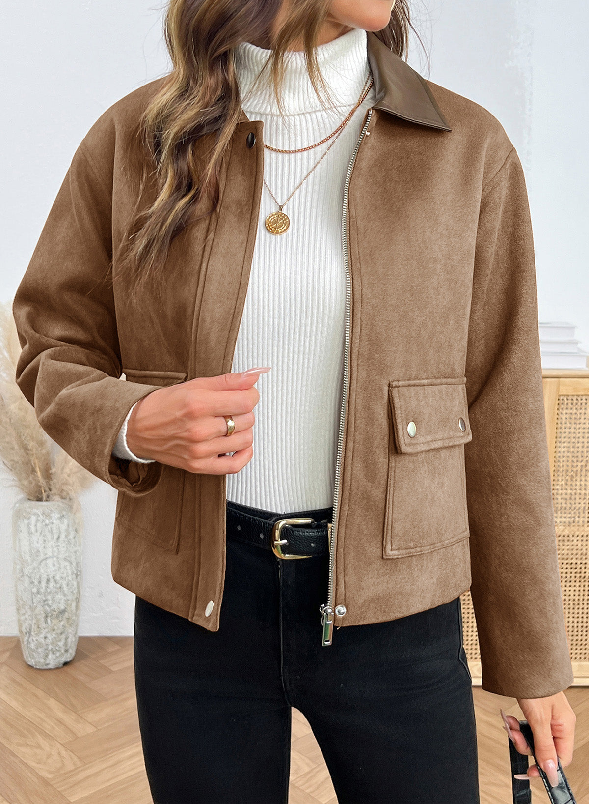 Dokotoo Womens Cropped Jacket 2026 Fall Collar Zip Button Coat with Pockets