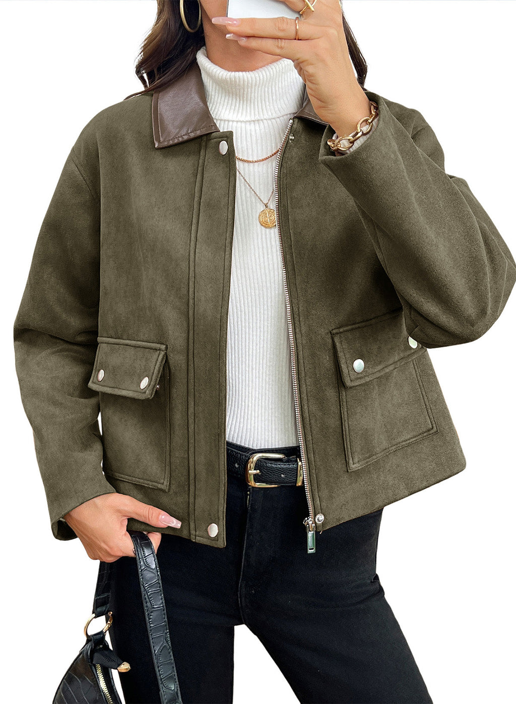 Dokotoo Womens Cropped Jacket 2026 Fall Collar Zip Button Coat with Pockets
