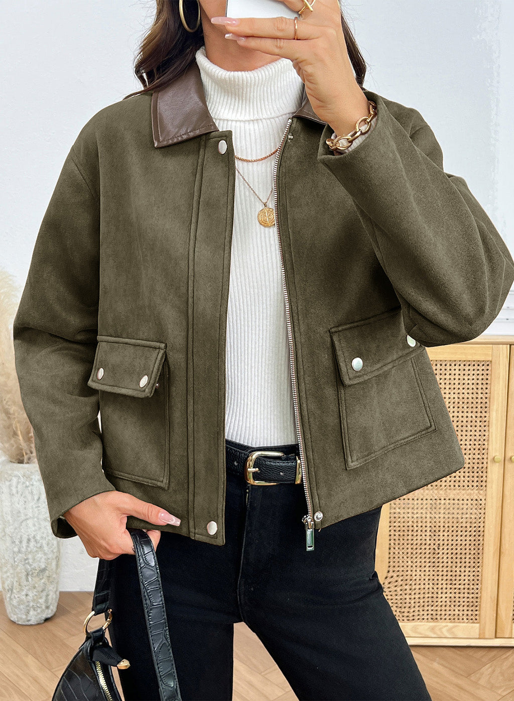 Dokotoo Womens Cropped Jacket 2026 Fall Collar Zip Button Coat with Pockets