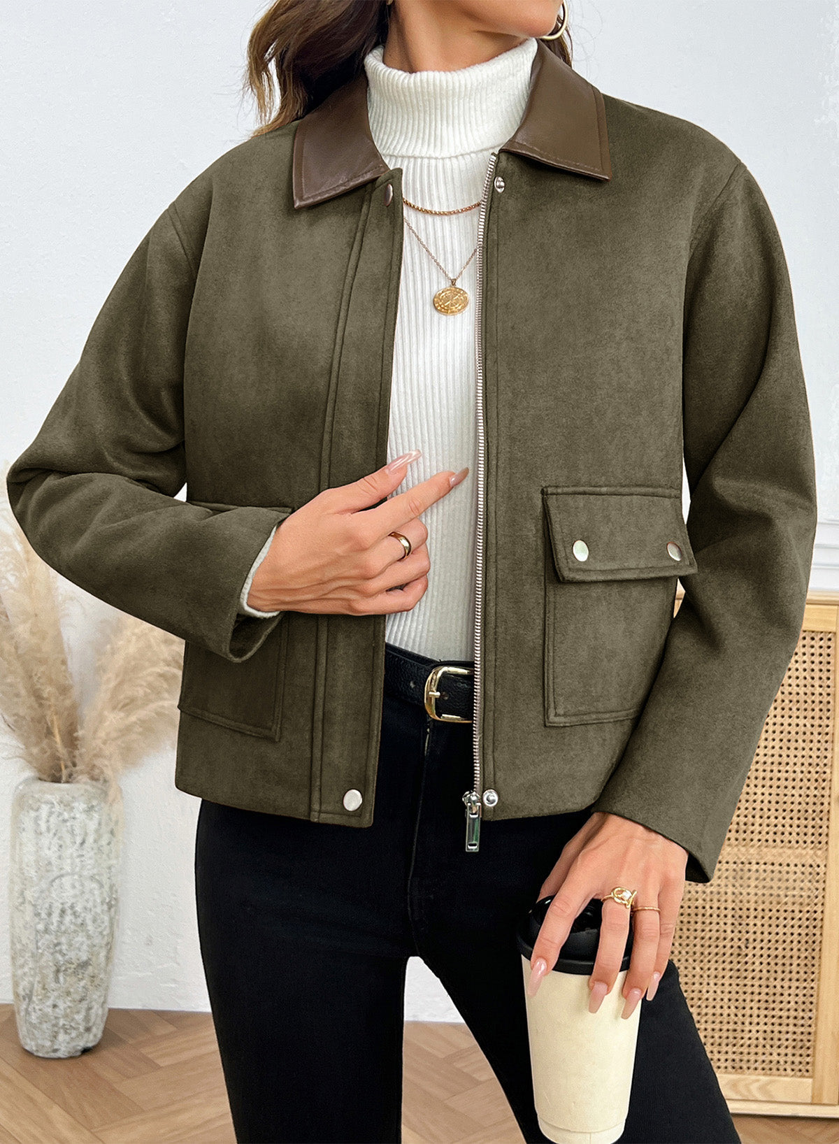 Dokotoo Womens Cropped Jacket 2026 Fall Collar Zip Button Coat with Pockets