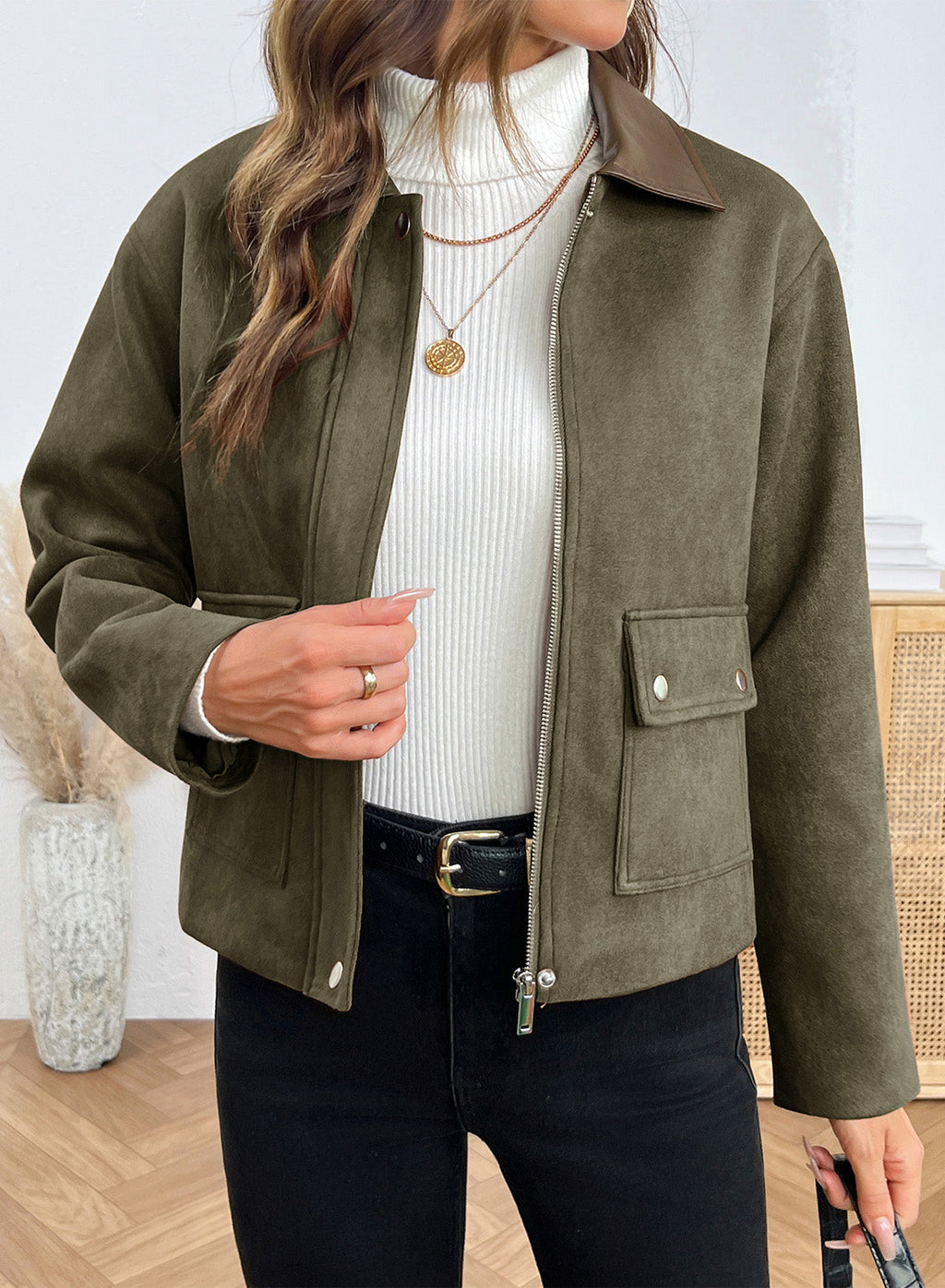 Dokotoo Womens Cropped Jacket 2026 Fall Collar Zip Button Coat with Pockets