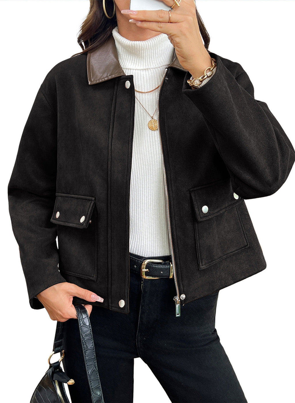 Dokotoo Womens Cropped Jacket 2026 Fall Collar Zip Button Coat with Pockets