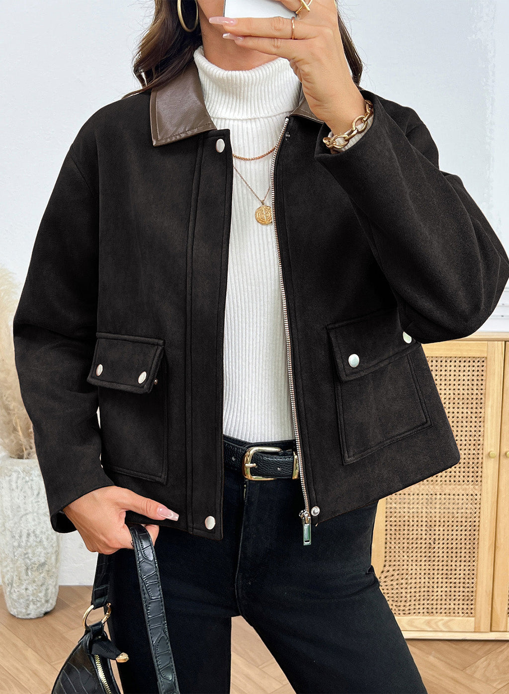 Dokotoo Womens Cropped Jacket 2026 Fall Collar Zip Button Coat with Pockets