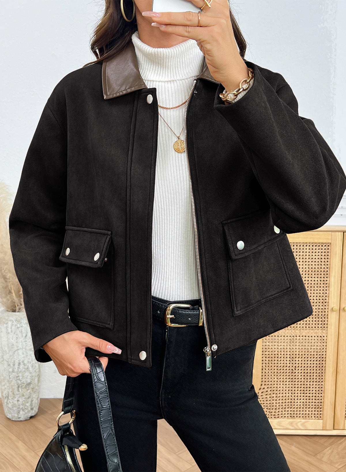 Dokotoo Womens Cropped Jacket 2026 Fall Collar Zip Button Coat with Pockets
